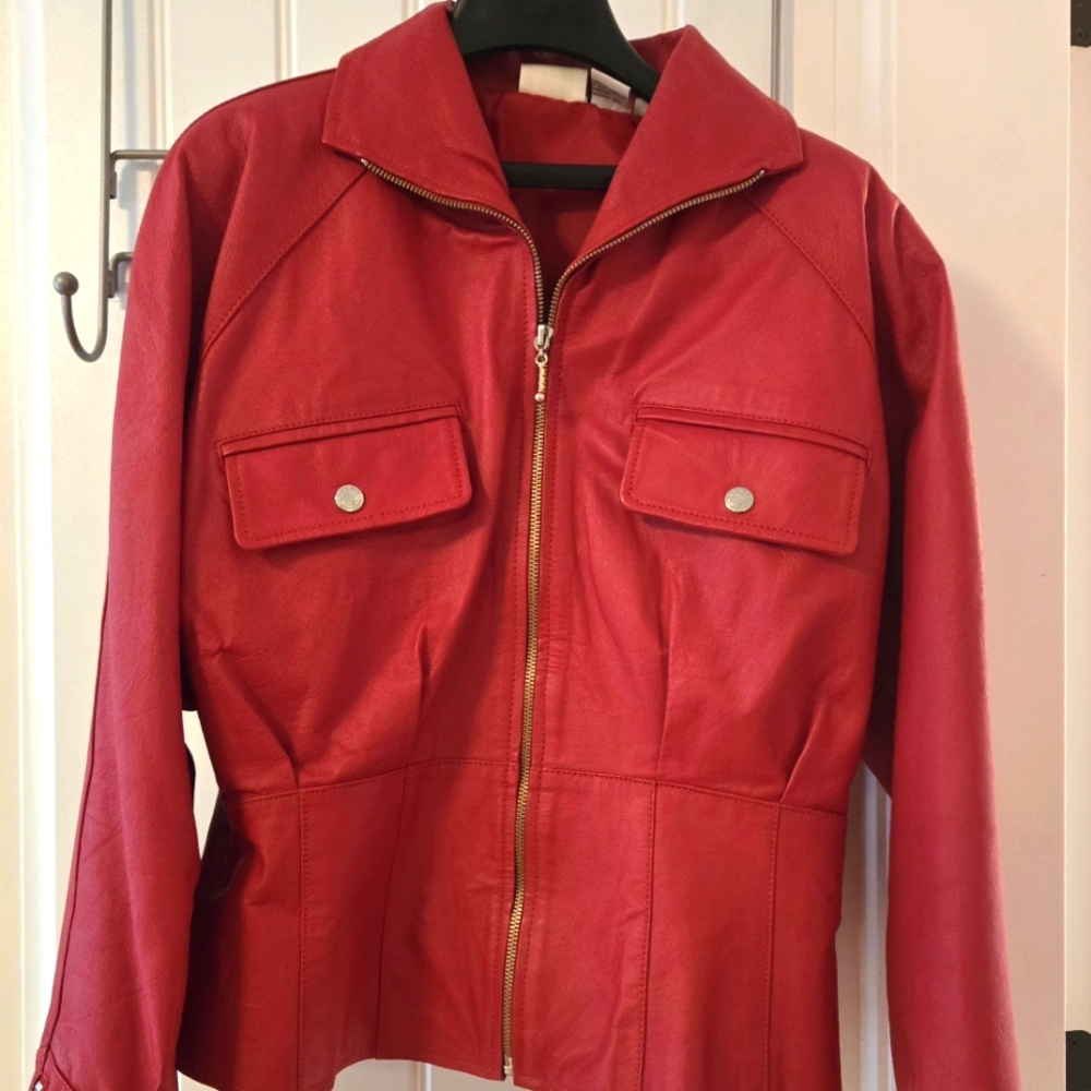 Red leather Biker jacket, slim12(8-10 fit).